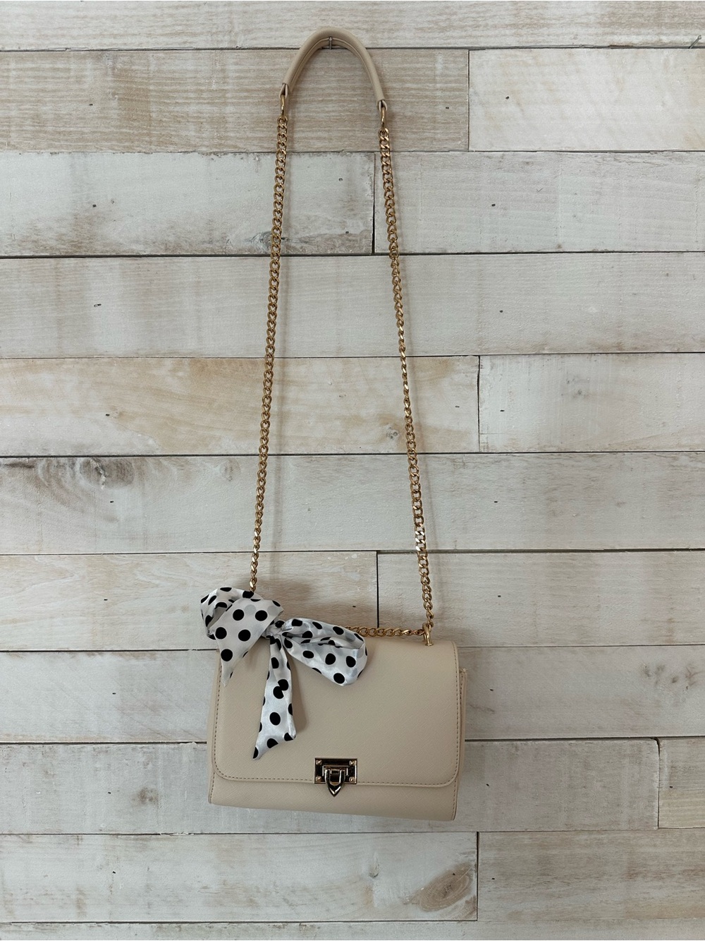 Neutral Cream Chain Shoulder Bag with Polka Dot Bow